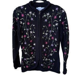 Alexa Grace Vintage Cottagecore Dark Floral Embroidered Zip Cardigan Sweater S